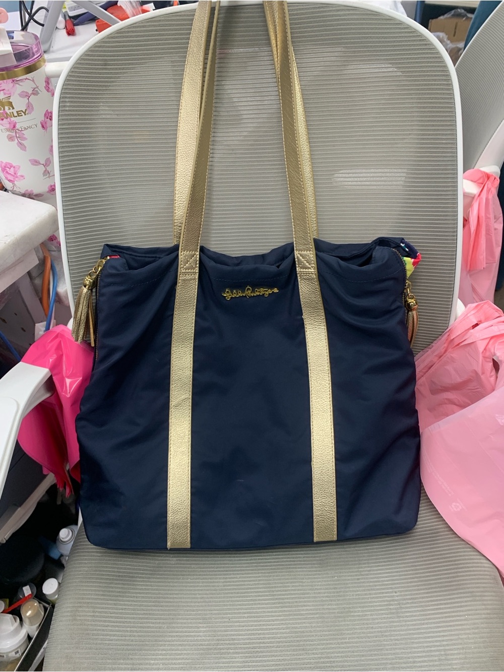 Lilly Pulitzer Navy Nylon Tote with Gold Straps